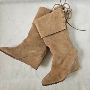 Colin Stuart Wedge Boots Womens Size 8 Tan Suede Lace-Up Warm